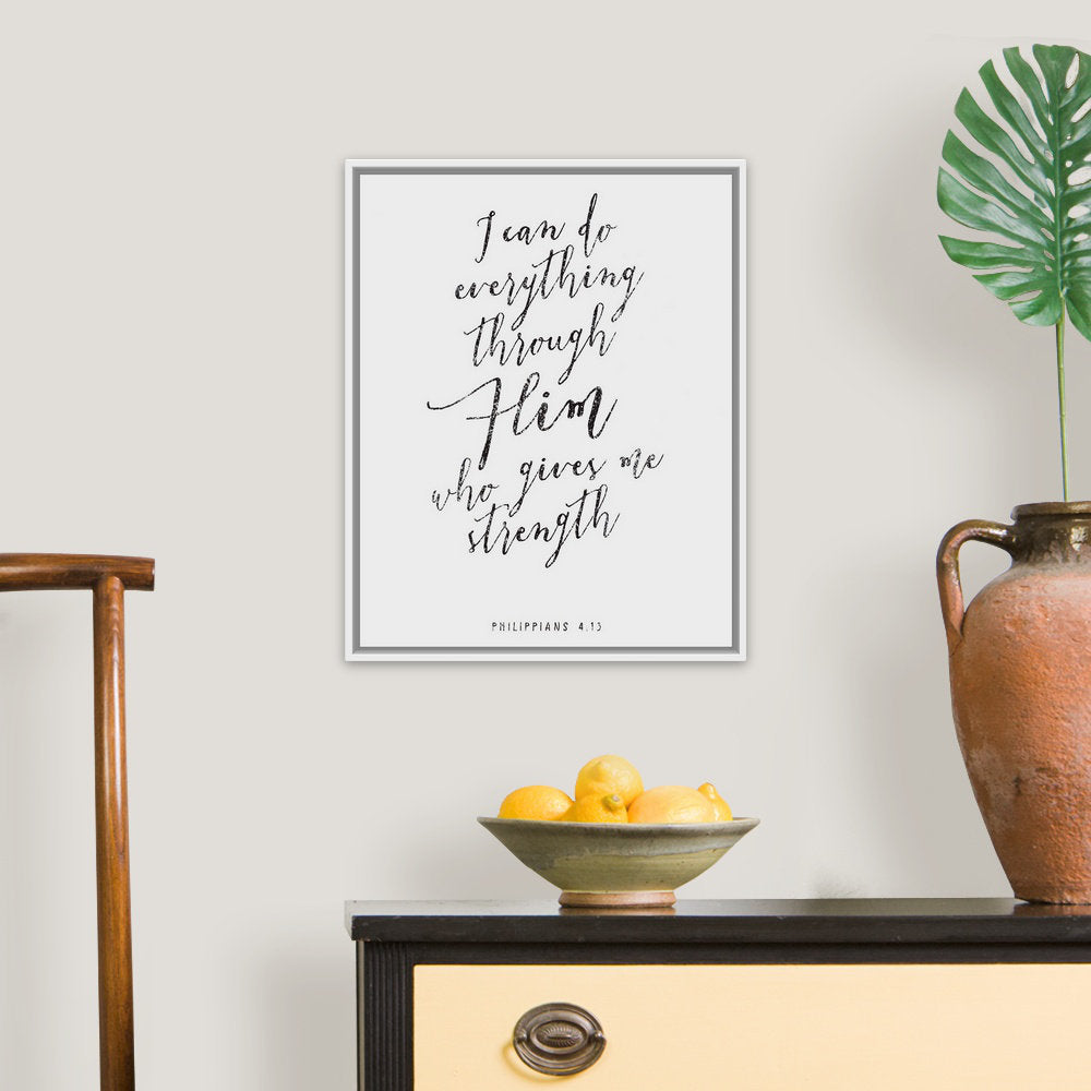 Handlettered Bible Verse - Philippians 4:13 - Textual Art Print on Canvas Gracie Oaks Size: 22" H x 18" W x 1.75" D Format: White Floater Framed