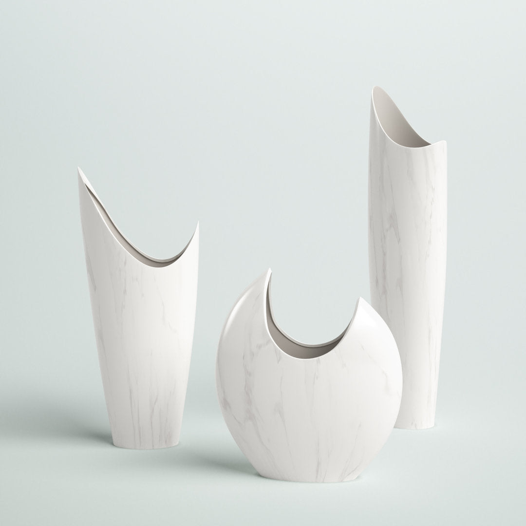 Pyron 3 Piece White/Charcoal Indoor / Outdoor Ceramic Table Vase Set Mercury Row®