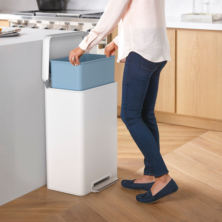 Reset 13 Gallon Kitchen Trash Can, Stainless Steel Hand Free Step Trash Can with Quiet-Close Lid Kohler Color: White/Stainless Steel