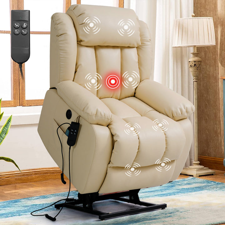 40.1'' Wide Dual Motor Genuine Leather Power Lift Assist Standard Recliner with Massager Latitude Run® Body Fabric: Beige Genuine Leather
