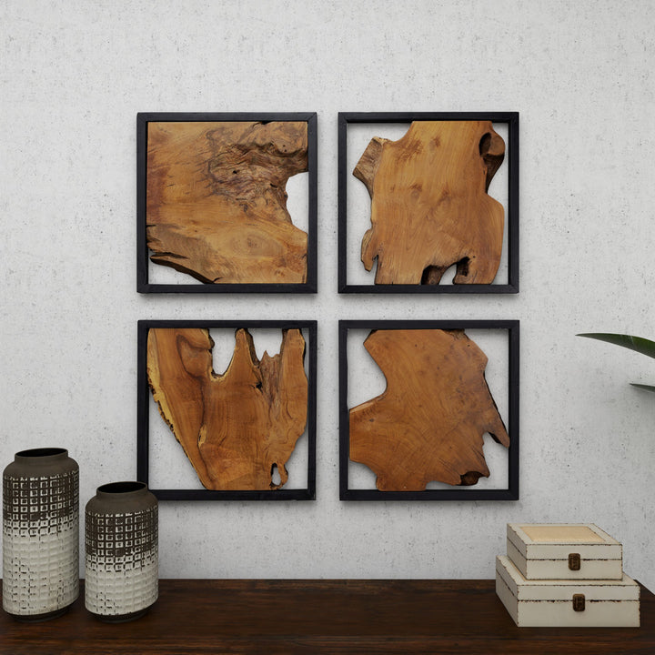 Teak Wood Handmade Live Edge Tree Trunk Abstract Home Wall Decor with Black Frames Mercury Row®