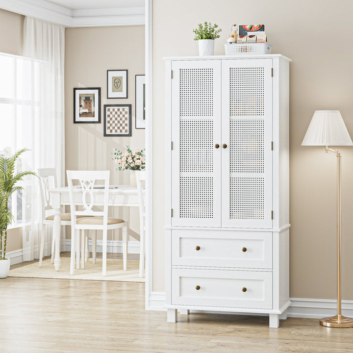 2-Door 2-Drawer Tall Locker With Faux Rattan And Faux Solid Wood Surface, 64.4"H X 28.54"W X 15"D Bay Isle Home™ Color: White
