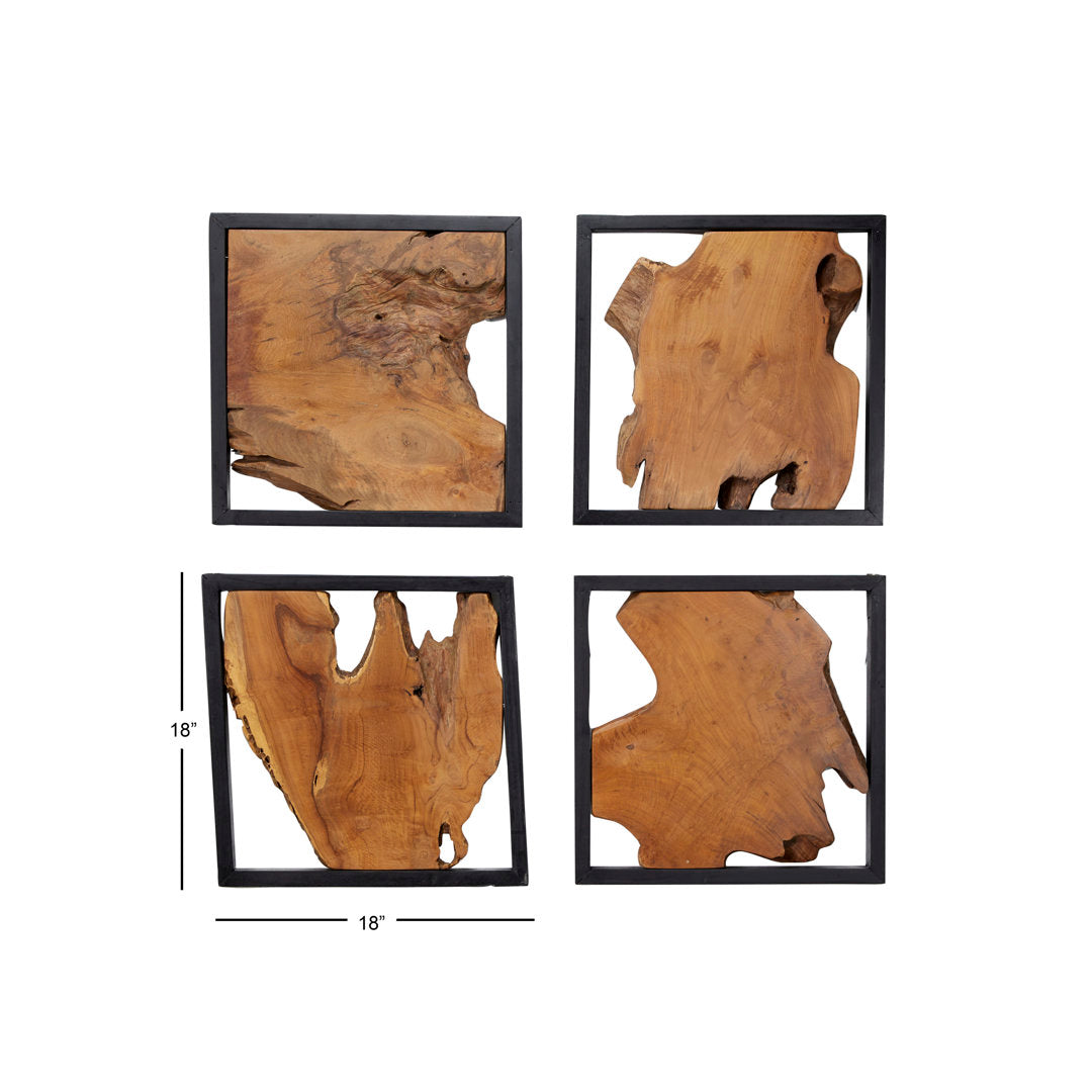 Teak Wood Handmade Live Edge Tree Trunk Abstract Home Wall Decor with Black Frames Mercury Row®