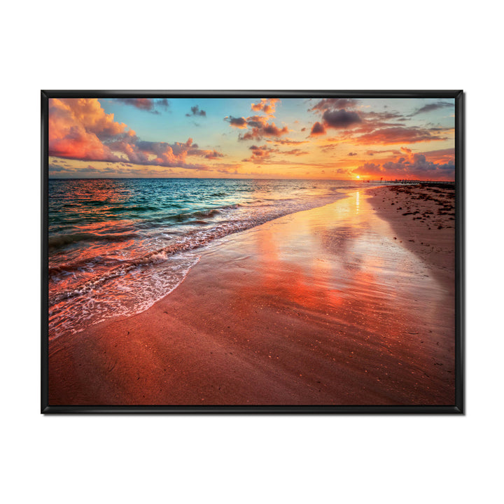 Sunset over an Ocean Beach Shore II - Photograph on Canvas East Urban Home Size: 30" H x 40" W x 1.5" D Format: Black Floater Framed