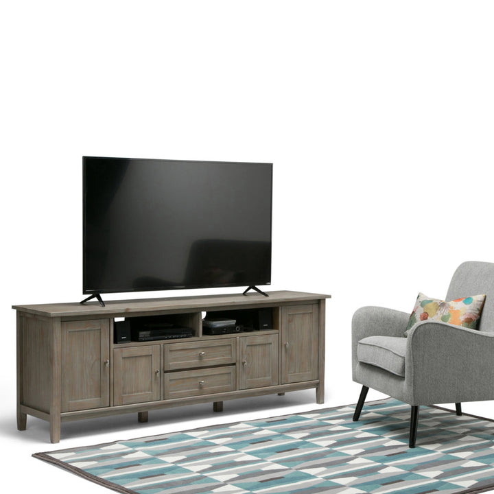 Warm Shaker SOLID WOOD 72 inch TV Media Stand  For TVs up to 80 inches Simpli Home Color: Distressed Gray