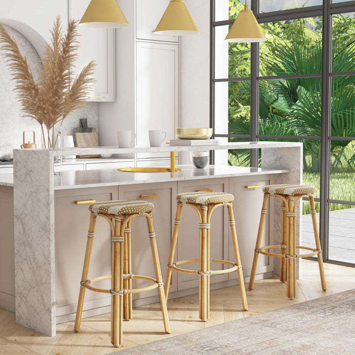 Alastair Bar & Counter Stool Birch Lane™ Color: Tan/White Stripe/Natural Rattan Frame Seat Height: Bar Stool (30" Seat Height)