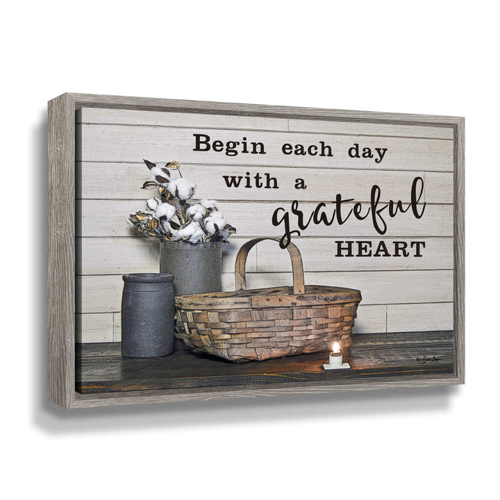 Remaley Begin Each Day with a Grateful Heart by Susie Boyer - Print on Canvas Laurel Foundry Modern Farmhouse® Size: 36" H x 48" W x 2" D Format: White Wash Floater Frame