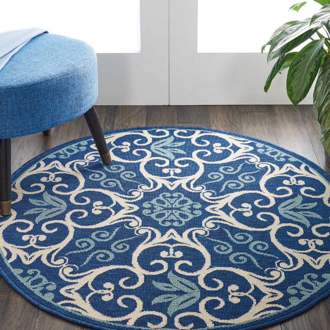 Adelene Floral Navy Blue Indoor / Outdoor Area Rug Birch Lane™ Rug Size: Round 4'