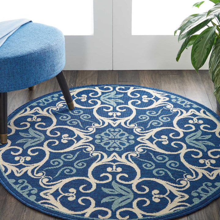 Adelene Floral Navy Blue Indoor / Outdoor Area Rug Birch Lane™ Rug Size: Round 4'