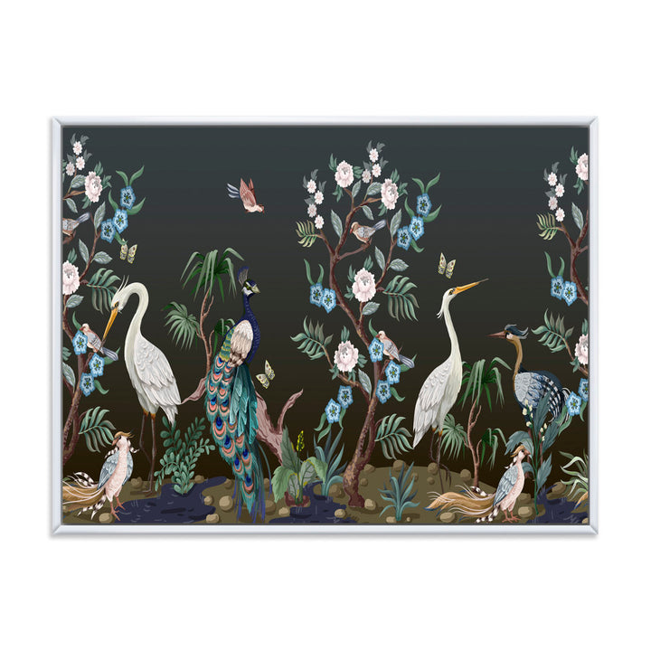 Chinoiserie with Birds and Peonies IV - Painting on Canvas East Urban Home Size: 12" H x 20" W x 1" D Format: White Floater Frame