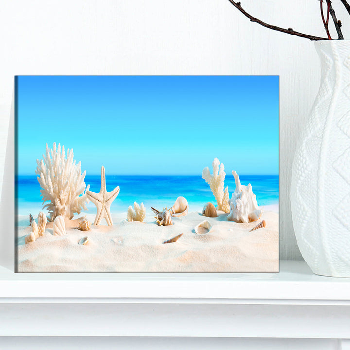 Risa Seashells on Tropical Beach' Graphic Art Highland Dunes Size: 16" H x 32" W x 1" D Format: Wrapped Canvas