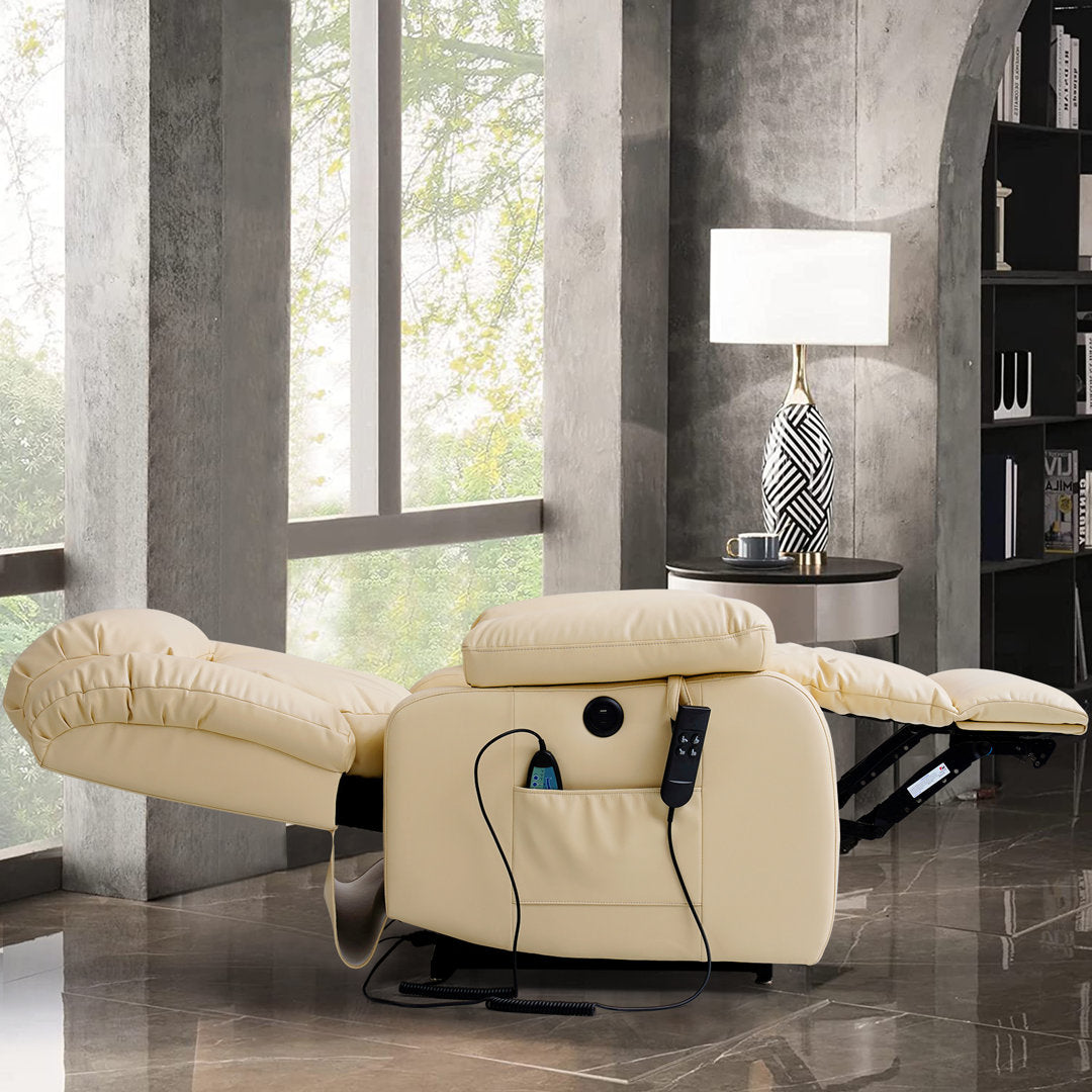 40.1'' Wide Dual Motor Genuine Leather Power Lift Assist Standard Recliner with Massager Latitude Run® Body Fabric: Beige Genuine Leather