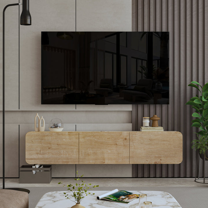 Callysta Floating TV Stand Up to 78" TV's Wall Mounted Media Console Millwood Pines Color: White Marble Design/Oak Wood