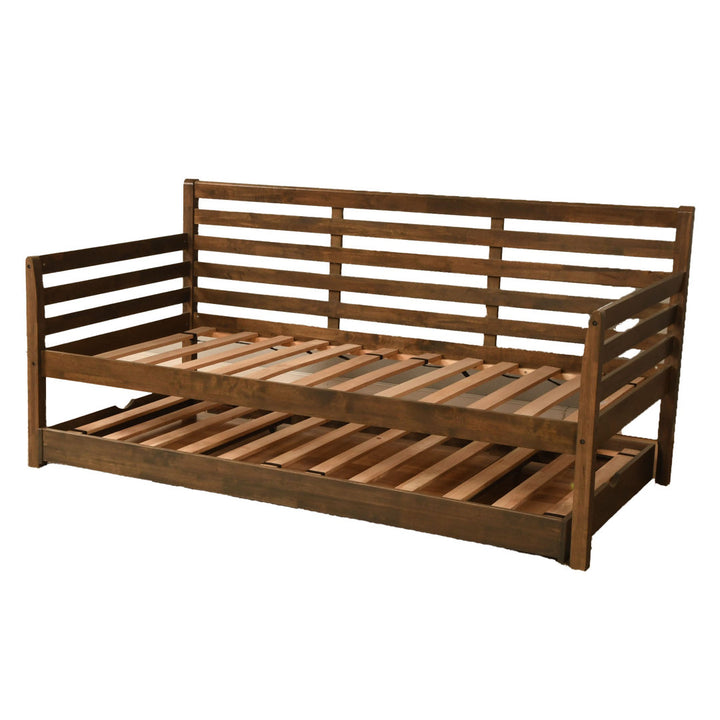 Alhamdi Boho Daybed and Pop-Up Bed with Mattresses Lark Manor™ Frame Color: Rustic Walnut, Mattress Color: Seaport Blue