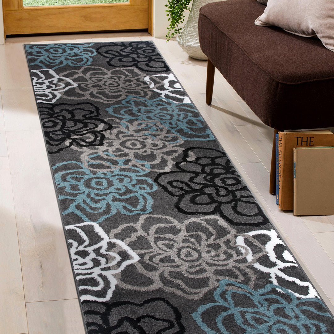 Carius Performance Floral Gray/Blue/Black/White Area Rug Winston Porter Rug Size: Runner 2' x 7'2"
