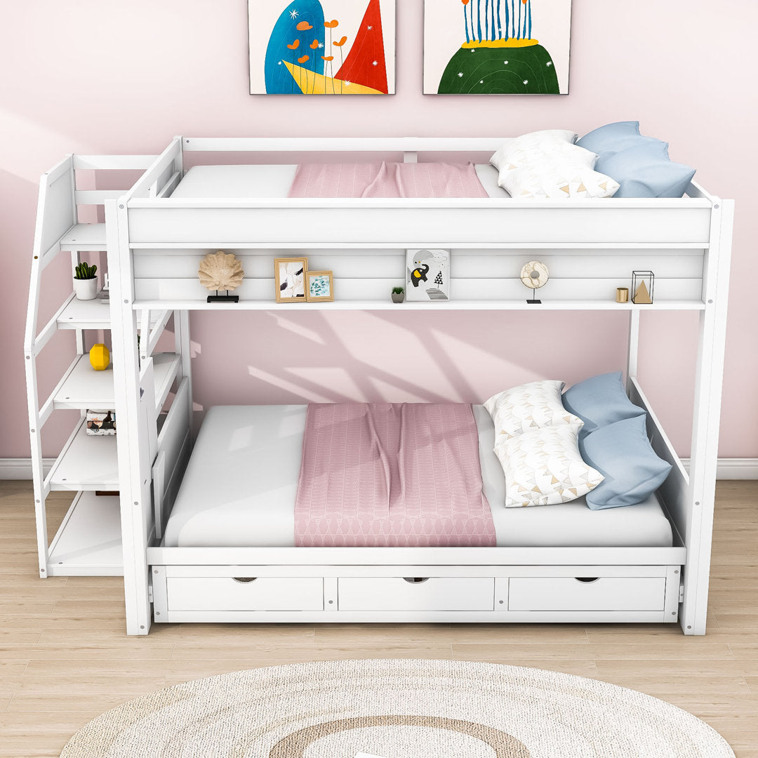 Dalvey Kids Full Over Full 3 Drawers Convertible Futon Bunk Bed with Storage Staircase Harriet Bee Bed Frame Color: White
