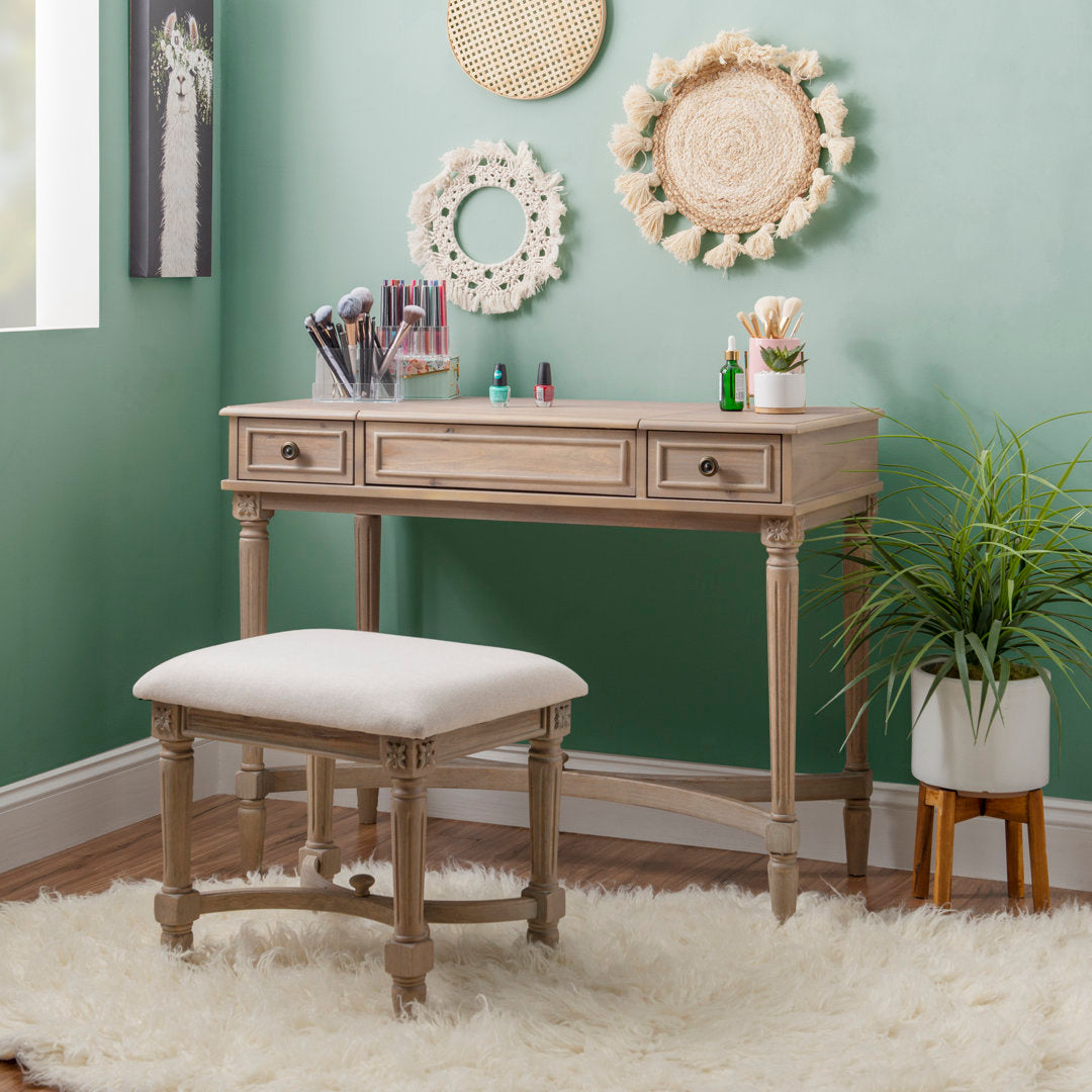 June Natural Two Drawer Flip Top Vanity Set with Stool Kelly Clarkson Home