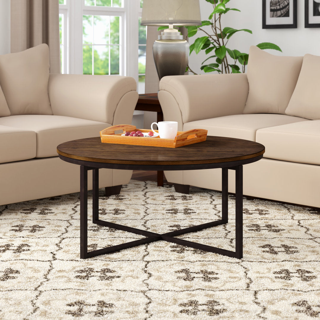 Kersh 42-Inch Round Solid Acacia Wood Coffee Table with Antiqued Mocha Finish, Metal Sled Legs, Bold Industrial Style – Center Table for Living Room, Compatible with Sectionals and Sofas Laurel Foundry Modern Farmhouse®