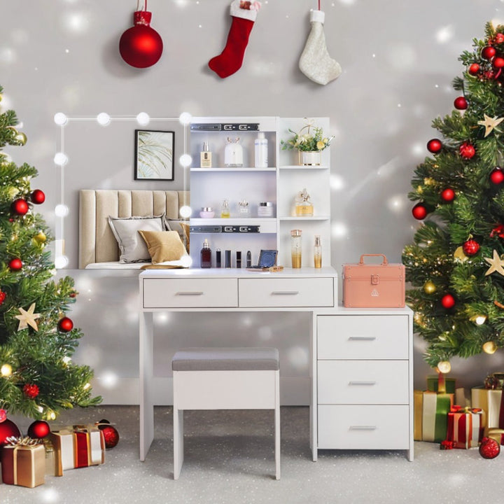 Calletano 44.3"Wide Makeup Vanity Set with Mirror Cabinet, Stool,5 Drawers Wade Logan® Color: White