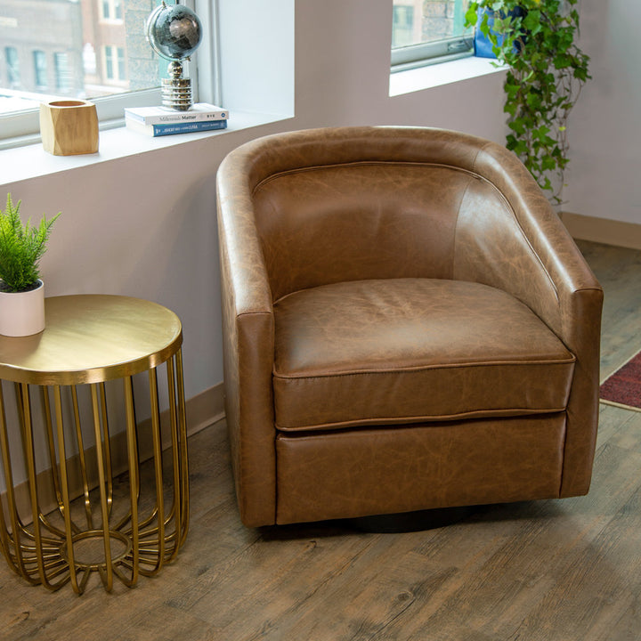 Kiersten 28.7" Wide Vegan Leather Swivel Barrel Chair Sand & Stable™ Leather Type: Walnut Faux Leather