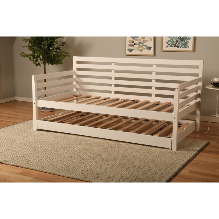 Alhamdi Boho Daybed and Pop-Up Bed with Mattresses Lark Manor™ Frame Color: White, Mattress Color: Canton Black