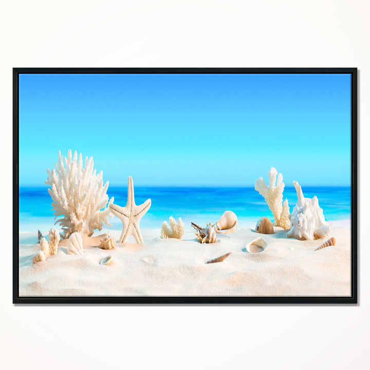 Risa Seashells on Tropical Beach' Graphic Art Highland Dunes Size: 30" H x 62" W x 1.5" D Format: Floater Framed Canvas