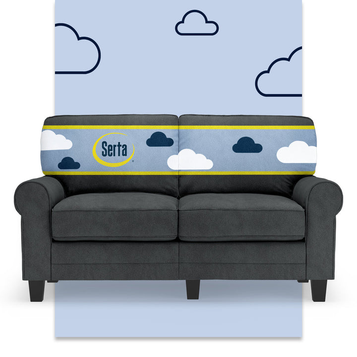 Serta Copenhagen 61" Rolled Arm Sofa, Easy Care Fabric, Soft Pillow Back, Pocket Coil Seat Cushions Serta Fabric: Charcoal Microsuede