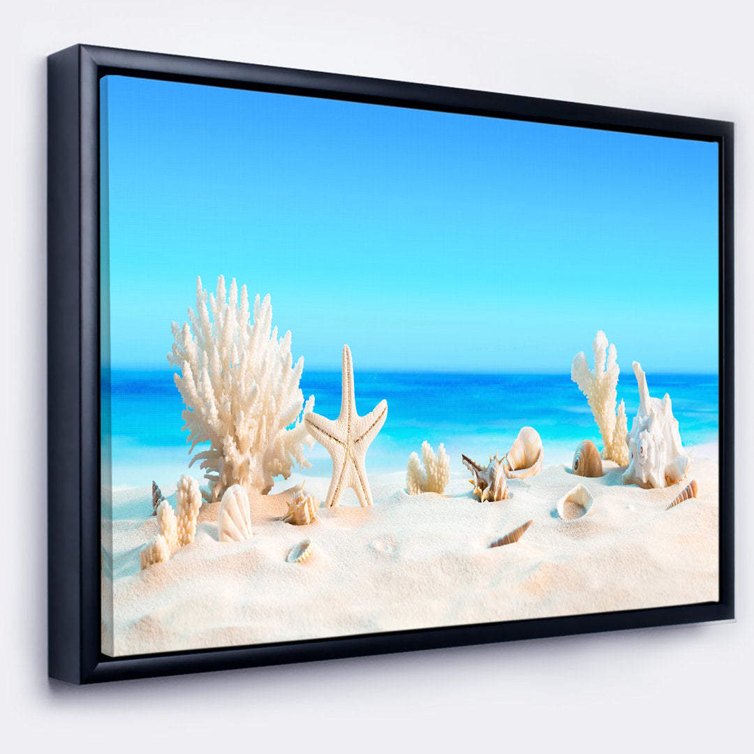 Risa Seashells on Tropical Beach' Graphic Art Highland Dunes Size: 30" H x 62" W x 1.5" D Format: Floater Framed Canvas