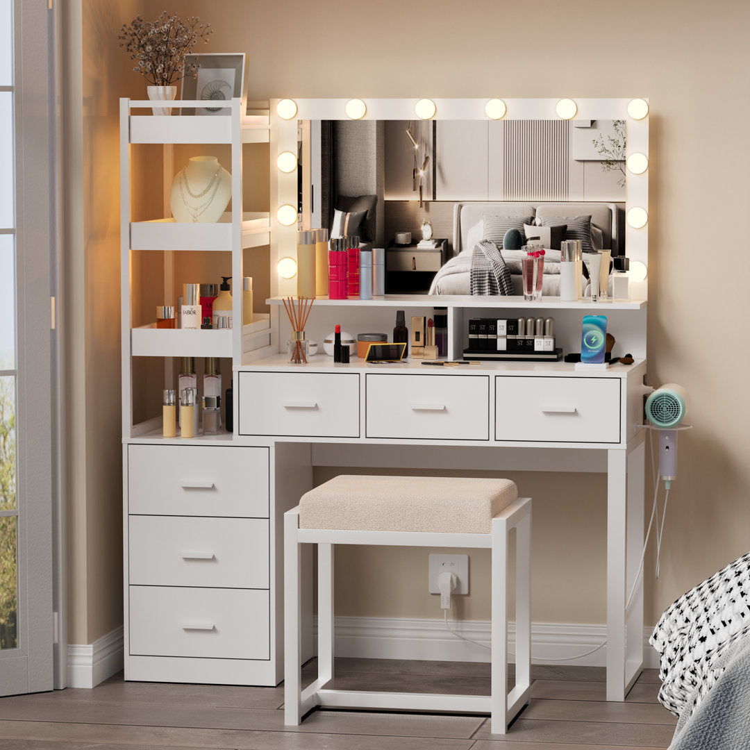 Kelila Makeup Vanity Desk with Lighted Mirror and Charging Station Latitude Run® Color: White