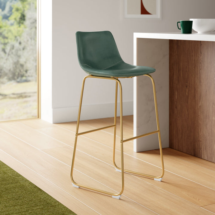 Nia Vegan Leather Bar & Counter Stool (Set of 2) AllModern Frame Color: Gold Upholstery: Green Vegan Leather, Seat Height: Bar Stool (29" Seat Height)