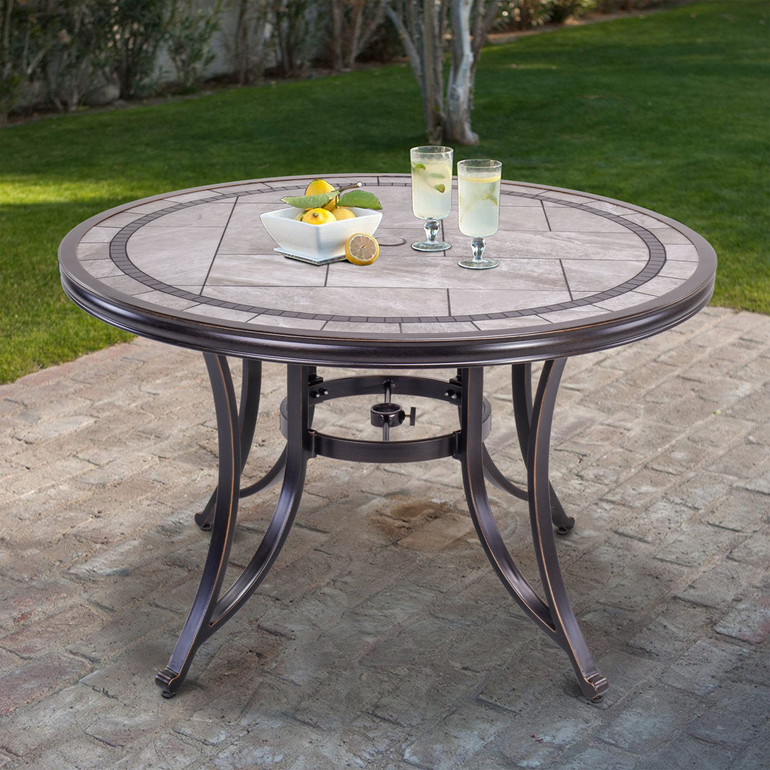 46" Round Patio Table With Handmade Porcelain Top And Heavy Duty Frame Fleur De Lis Living