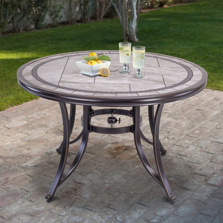 46" Round Patio Table With Handmade Porcelain Top And Heavy Duty Frame Fleur De Lis Living