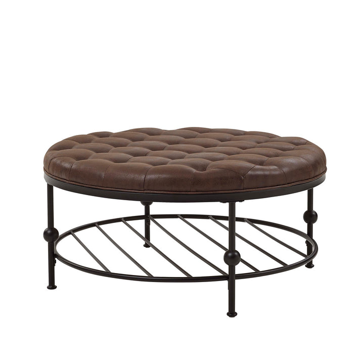 Jacki 36'' Wide Faux Leather Tufted Round Cocktail Ottoman Williston Forge Body Fabric: Coffee Brown