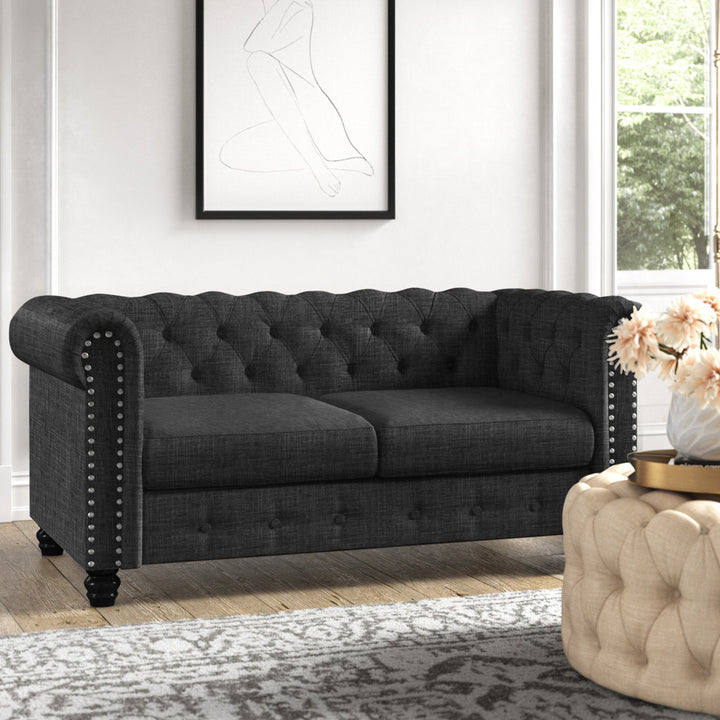 Provence 61" Rolled Arm Chesterfield Loveseat Kelly Clarkson Home Upholstery Color: Dark Gray Linen Blend