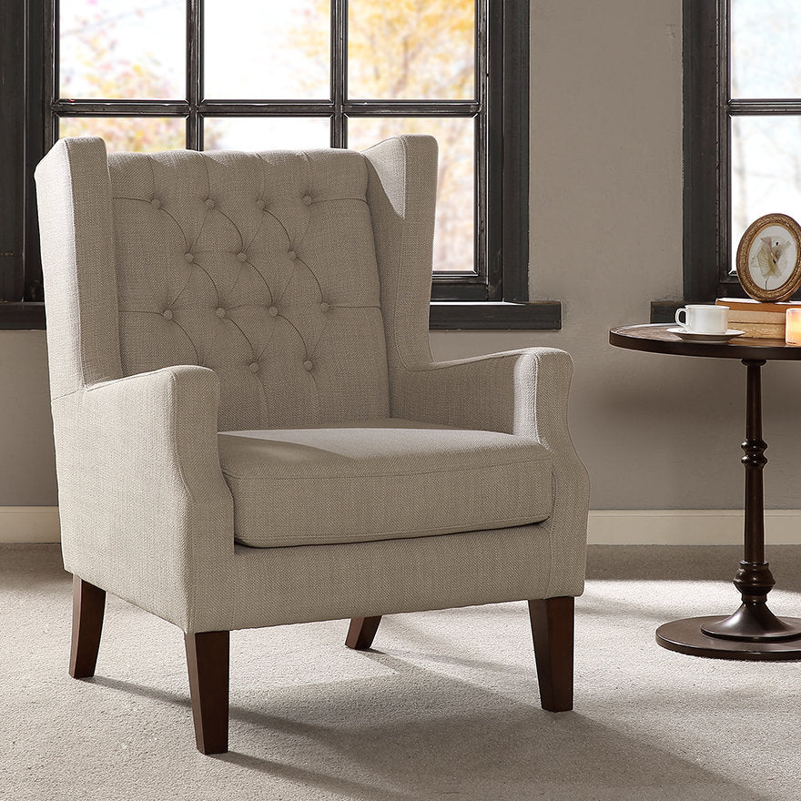 Allis Upholstered Button Tufted Wingback Chair Three Posts™ Upholstery Color: Linen Polyester Blend