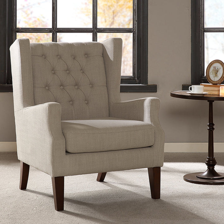 Allis Upholstered Button Tufted Wingback Chair Three Posts™ Upholstery Color: Linen Polyester Blend