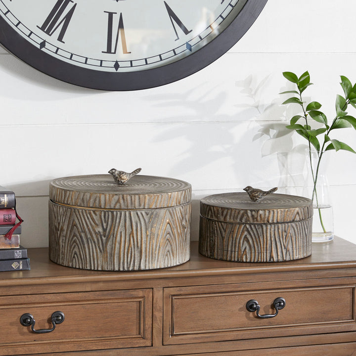 Tree Bark Texture and Bird Handled Lid 2 Piece Metal Box Set Dakota Fields