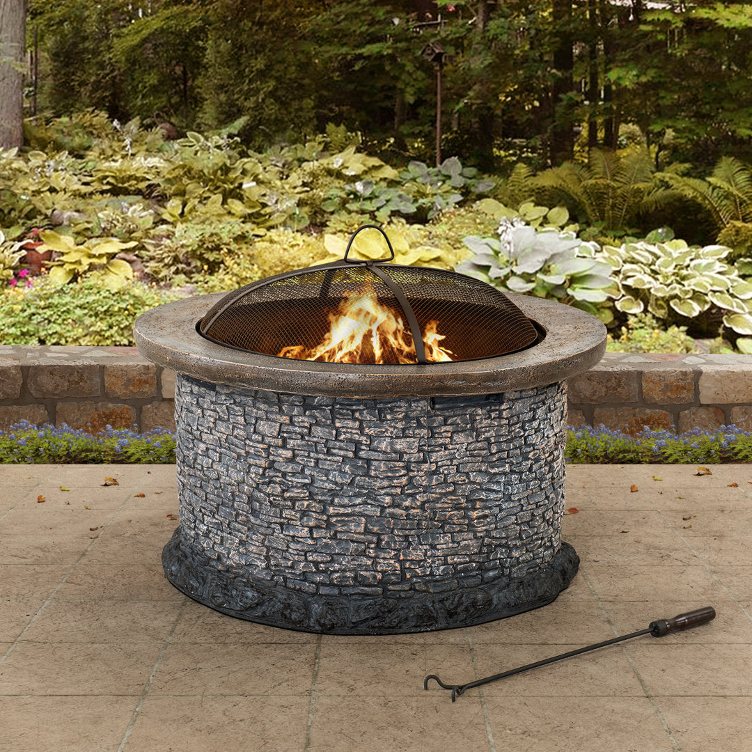 Nolia 32 inch Fire Pit for Outside, Outdoor Stone Wood Burning Fire Pit with Steel Mesh Spark Screen and Fire Poker, Large Bonfire for Patio and Backyard Williston Forge