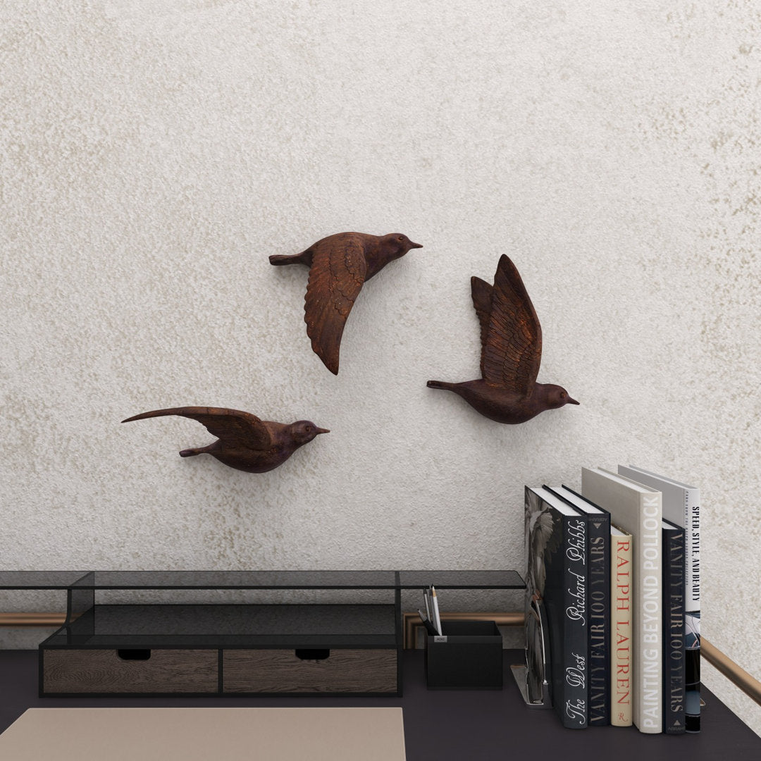 3 Piece Brown Polystone Metallic 3D Sculpted Bird Wall Decor Set Breakwater Bay