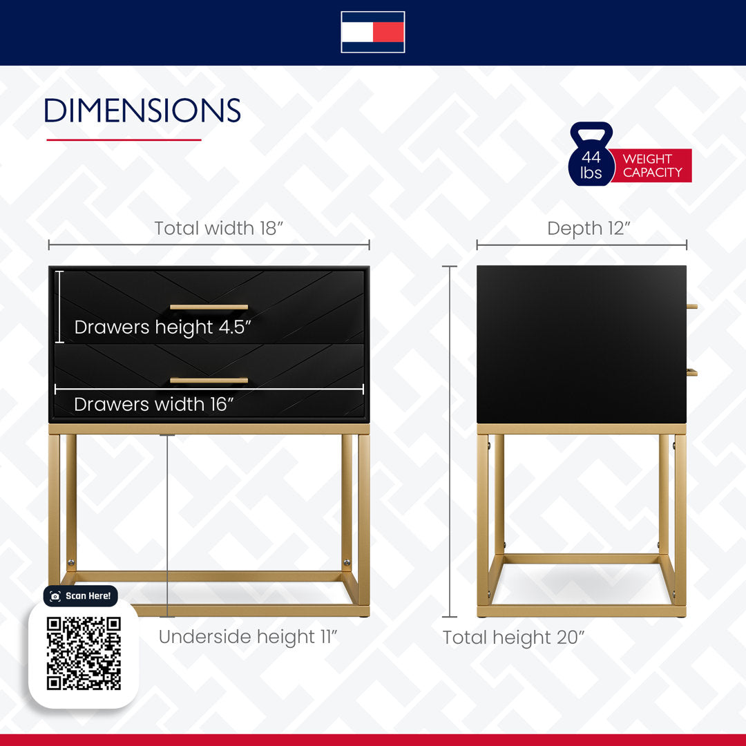 Tommy Hilfiger Ellias Modern Side Table Nightstand with 2 Drawers, Semi Gloss Black & Matte Gold Tommy Hilfiger