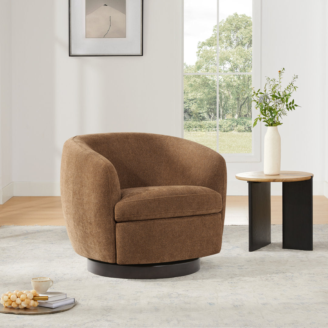 Marcy Upholstered Swivel Barrel Chair Joss & Main Leg Color: Espresso Fabric OR Leather Type: Elite Camel