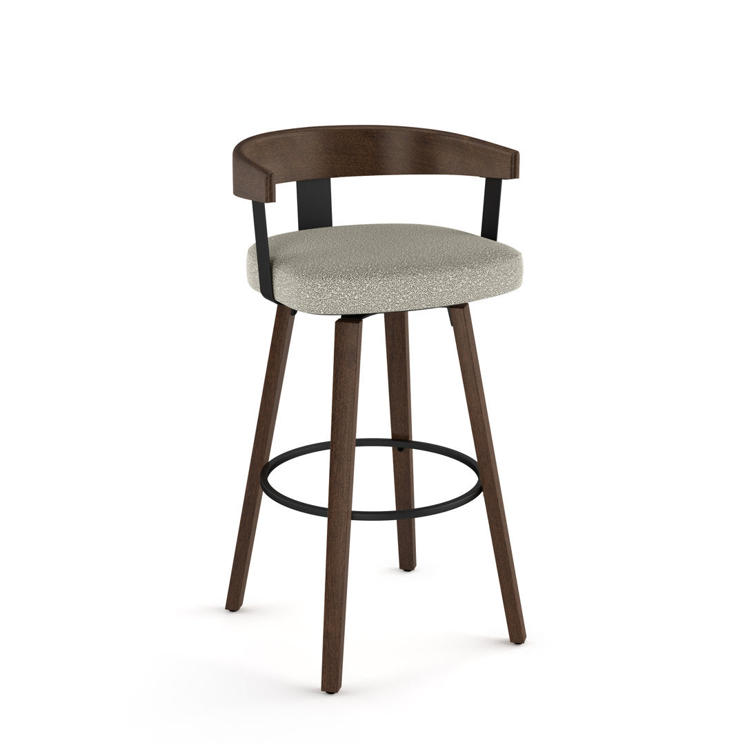 Calvion Swivel Counter & Bar Stool with Wooden Backrest Wade Logan® Upholstery: Light Beige/Gray Bouclé, Seat Height: Counter Stool (26.25" Seat Height)