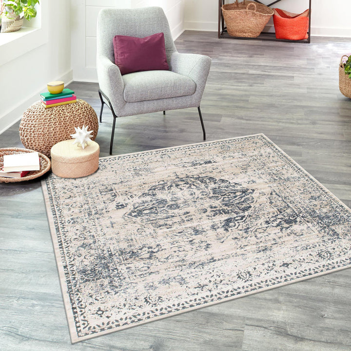 Arkeen Oriental Dark Blue/Beige Area Rug Lark Manor™ Rug Size: Square 6'1"