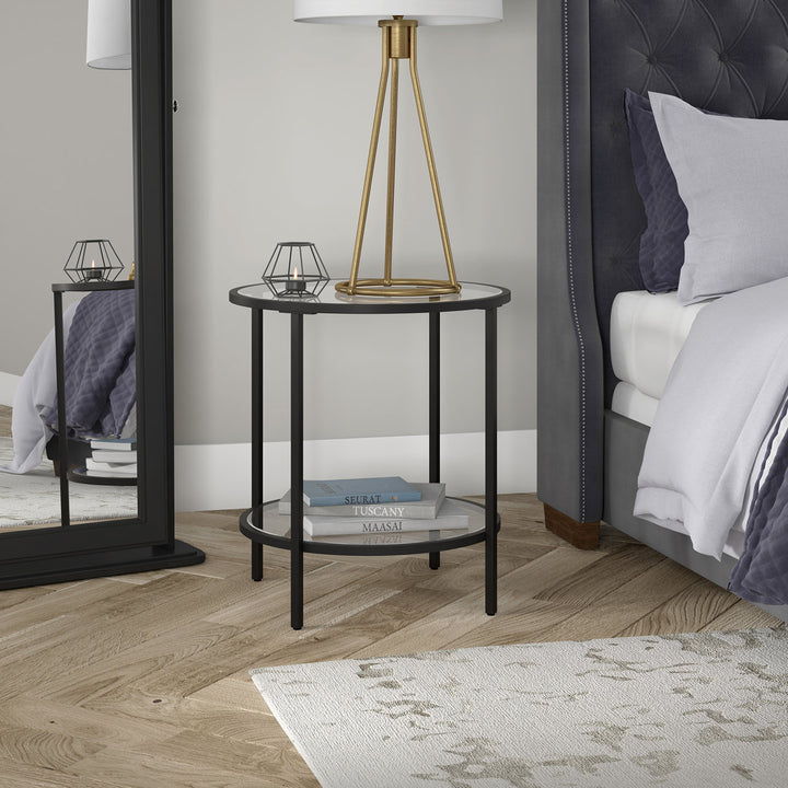 Ceno Glass End Table with Storage Wade Logan® Table Base Color: Blackened Bronze