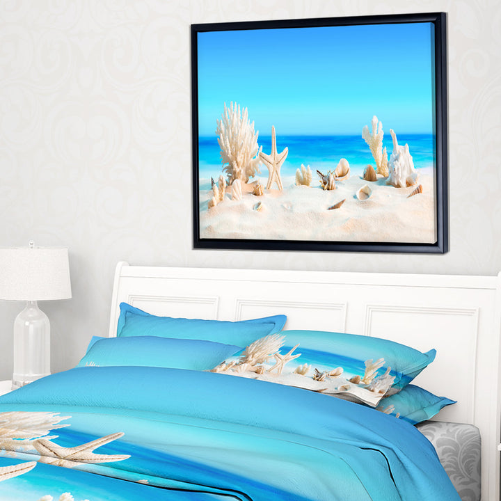 Risa Seashells on Tropical Beach' Graphic Art Highland Dunes Size: 16" H x 32" W x 1" D Format: Floater Framed Canvas