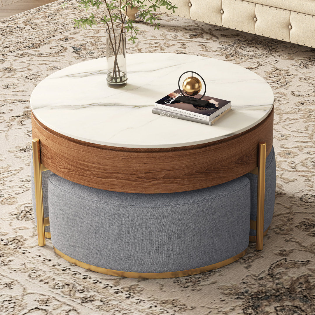 Zinna Lift Top Round Coffee Table Nesting Living Room Table with Storage 3 Stools Included Everly Quinn