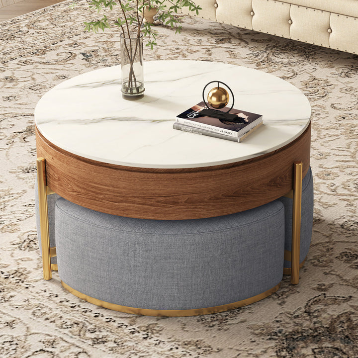 Zinna Lift Top Round Coffee Table Nesting Living Room Table with Storage 3 Stools Included Everly Quinn