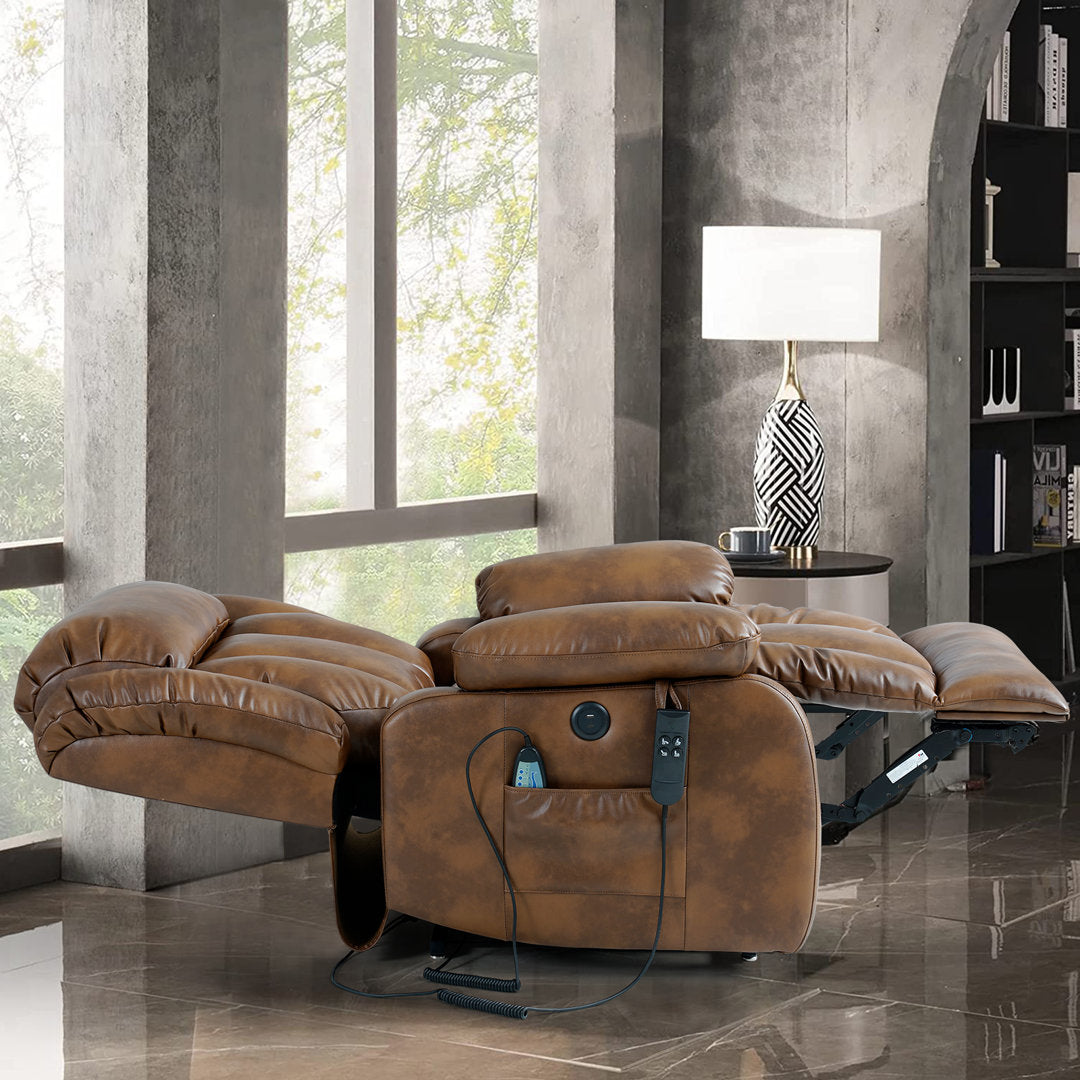 40.1'' Wide Dual Motor Genuine Leather Power Lift Assist Standard Recliner with Massager Latitude Run® Body Fabric: Light Brown Genuine Leather
