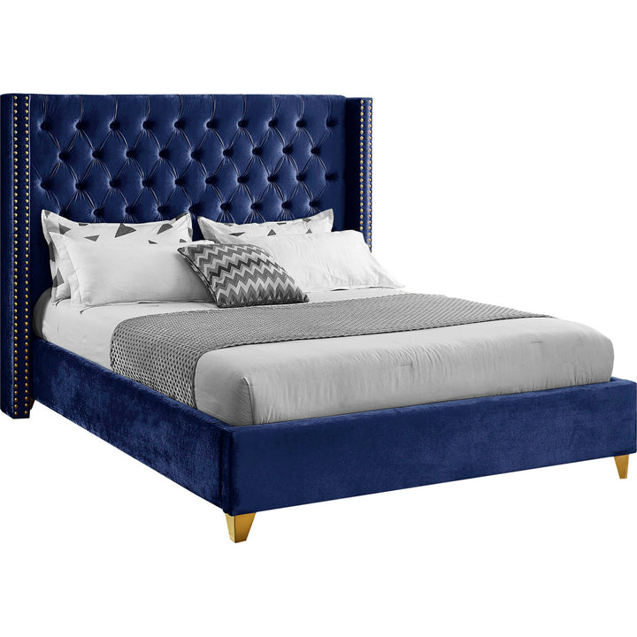 Joclynn Solid Wood Tufted Upholstered Low Profile Platform Bed Everly Quinn Color: Navy Velvet Size: Full Nailhead Finish: Gold