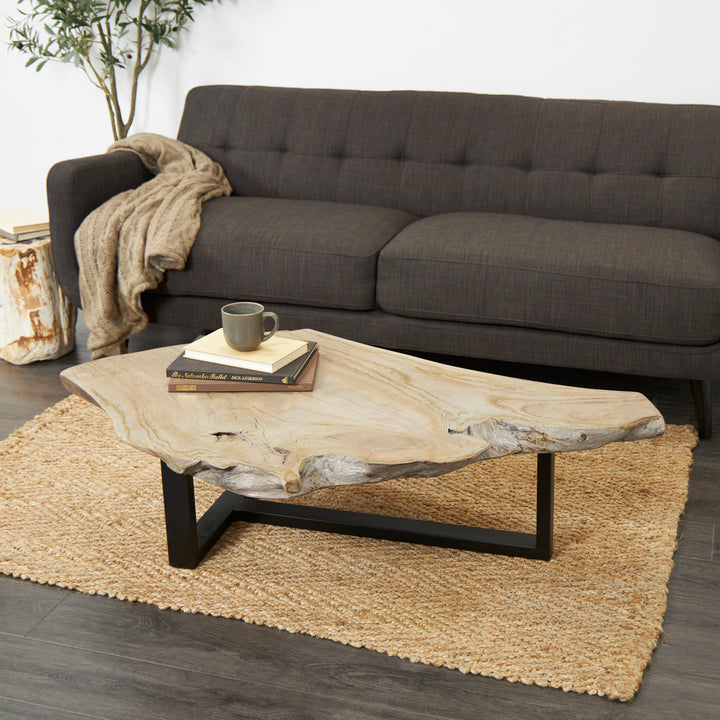 Loudon Teak Wood Handmade Live Edge Wood Slab Living Room Coffee Table with Black T Stand Base Loon Peak®